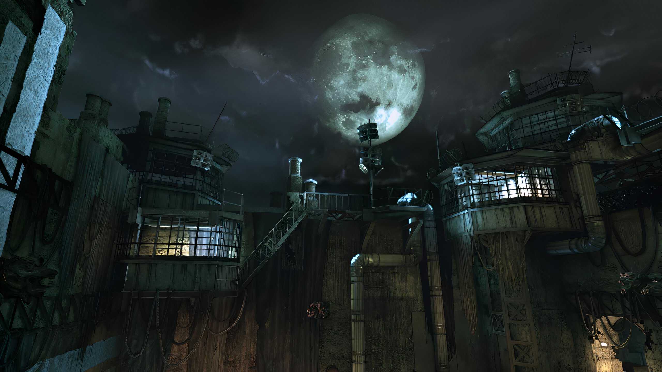 An image from the game Batman: Arkham Asylum, showing Arkham Asylum against a full bright moon.