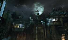 An image from the game Batman: Arkham Asylum, showing Arkham Asylum against a full bright moon.