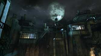 An image from the game Batman: Arkham Asylum, showing Arkham Asylum against a full bright moon.
