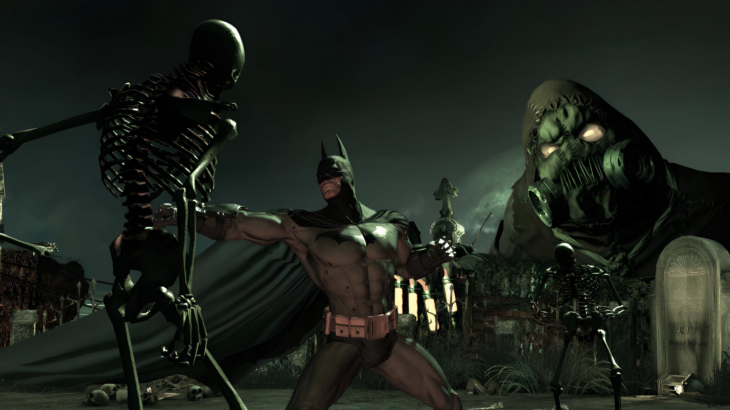 An image from the game Batman: Arkham Asylum, showing Batman fighting a skeleton as The Scarecrow looks on.