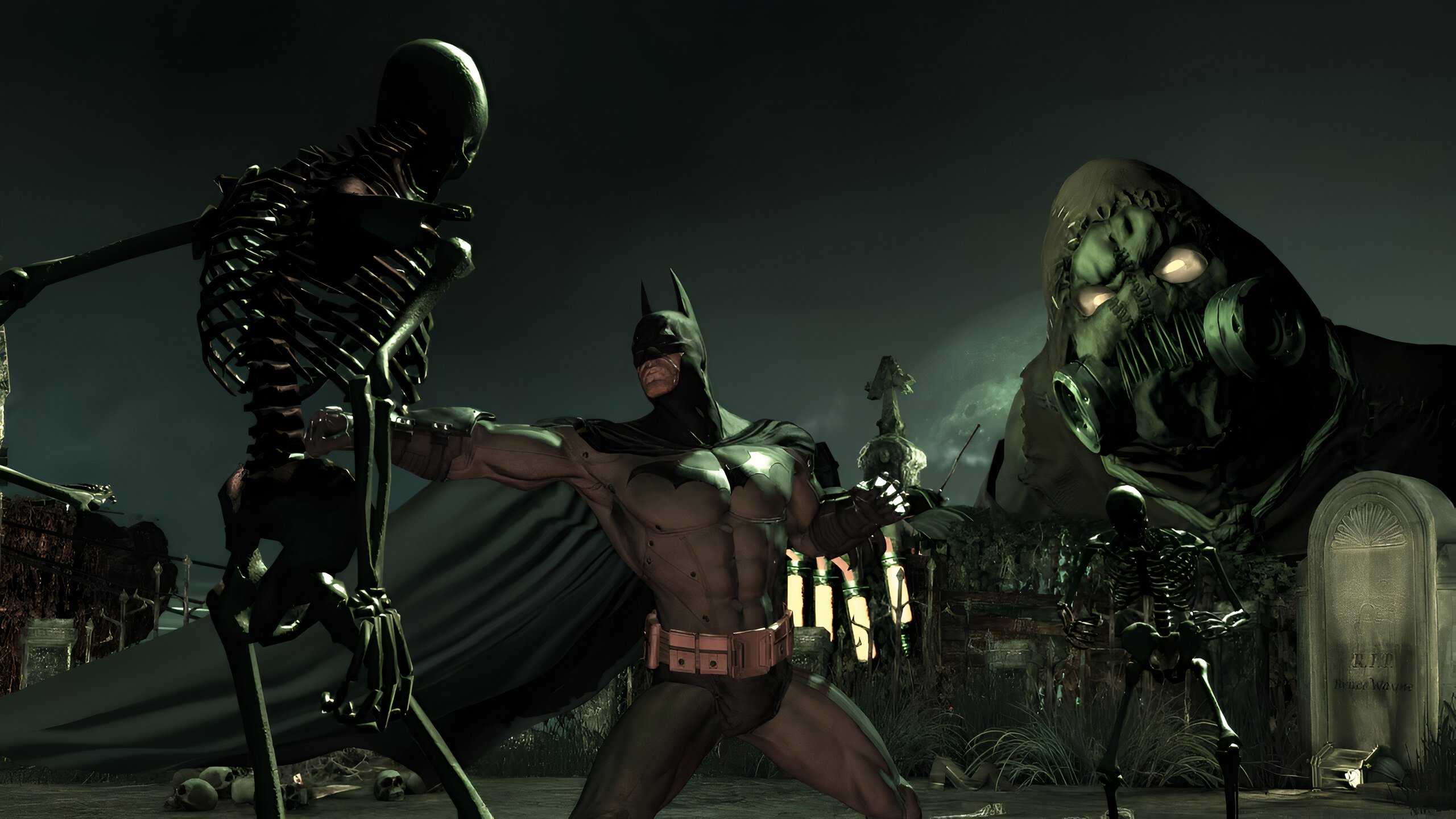 An image from the game Batman: Arkham Asylum, showing Batman fighting a skeleton as The Scarecrow looks on.