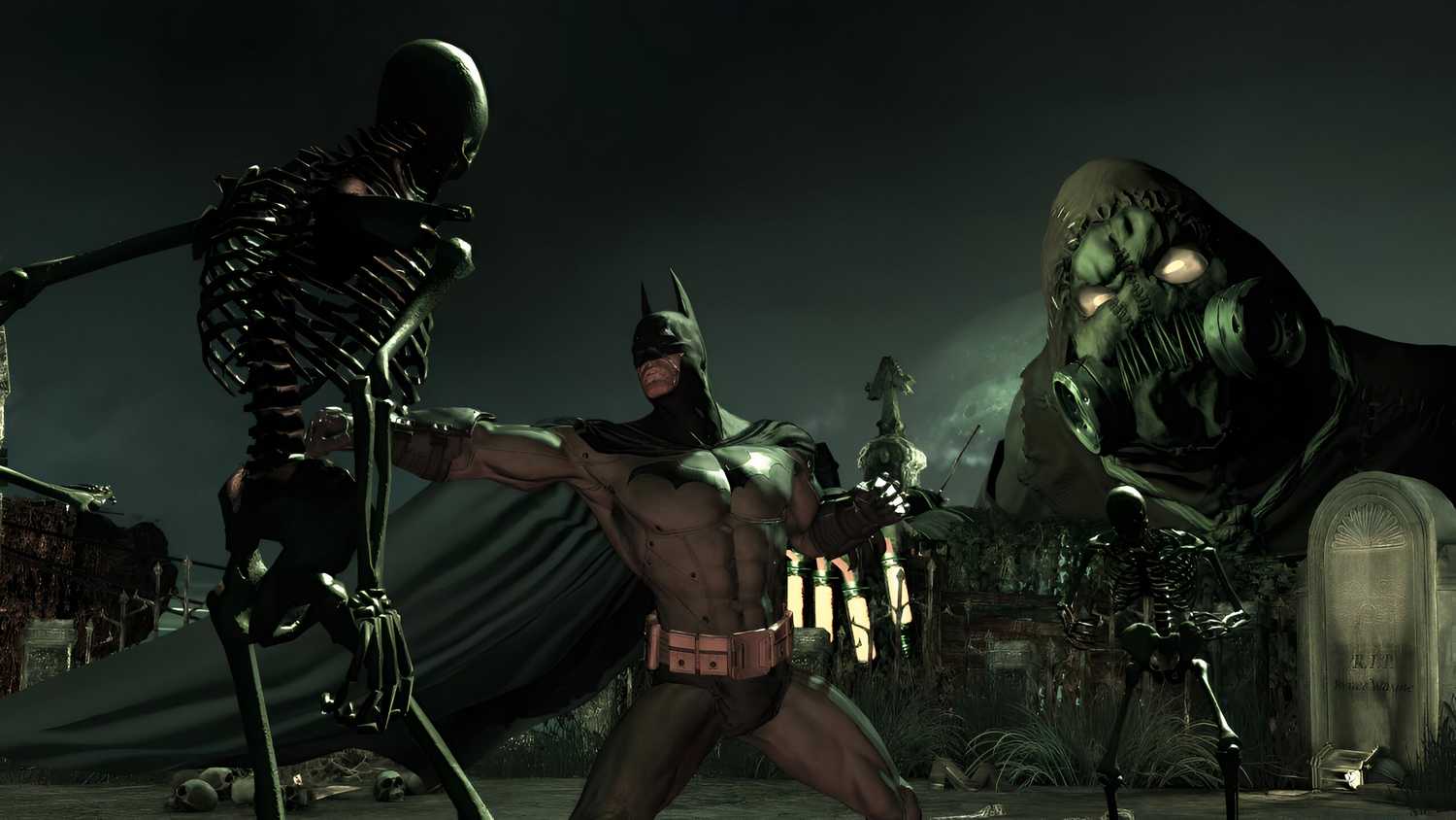 An image from the game Batman: Arkham Asylum, showing Batman fighting a skeleton as The Scarecrow looks on.