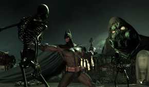 An image from the game Batman: Arkham Asylum, showing Batman fighting a skeleton as The Scarecrow looks on.