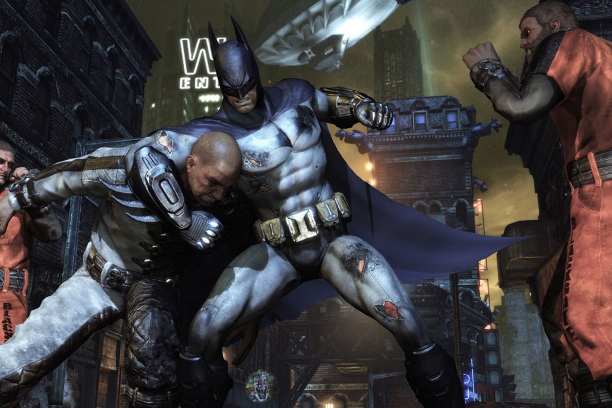 Batman beating up thugs in Batman: Arkham City