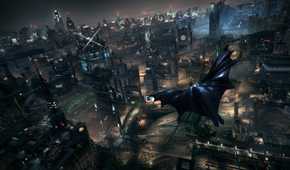 batman flying above city at night