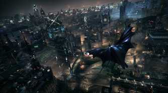 batman flying above city at night
