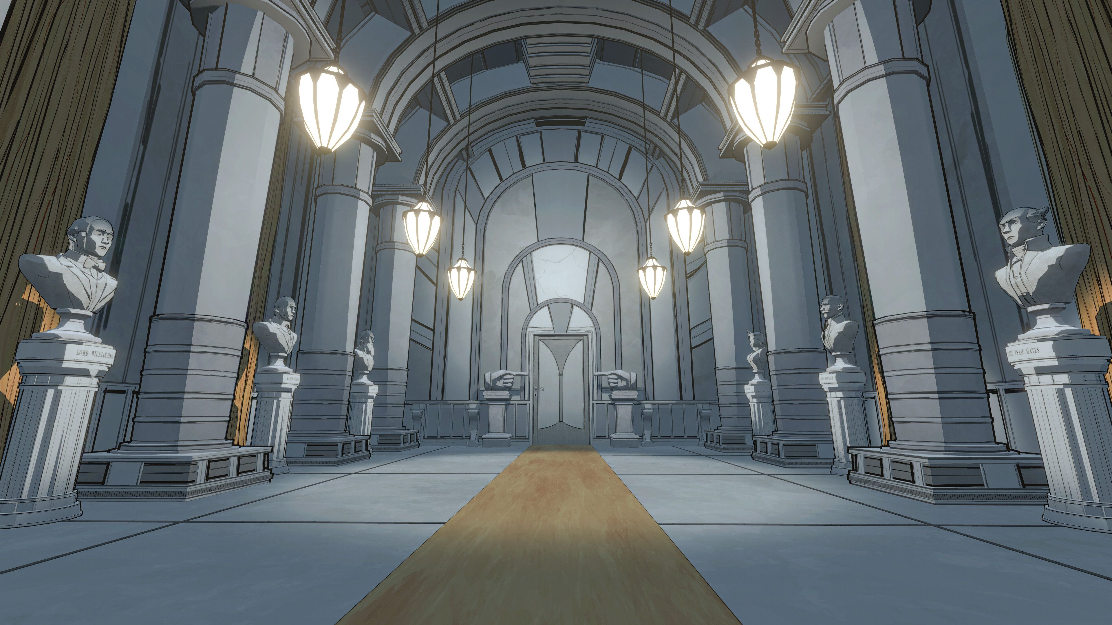Screenshot of Blue Prince video game of long tall hallway with busts on each side