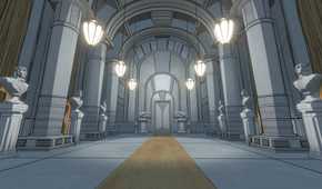 Screenshot of Blue Prince video game of long tall hallway with busts on each side