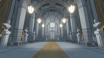Screenshot of Blue Prince video game of long tall hallway with busts on each side