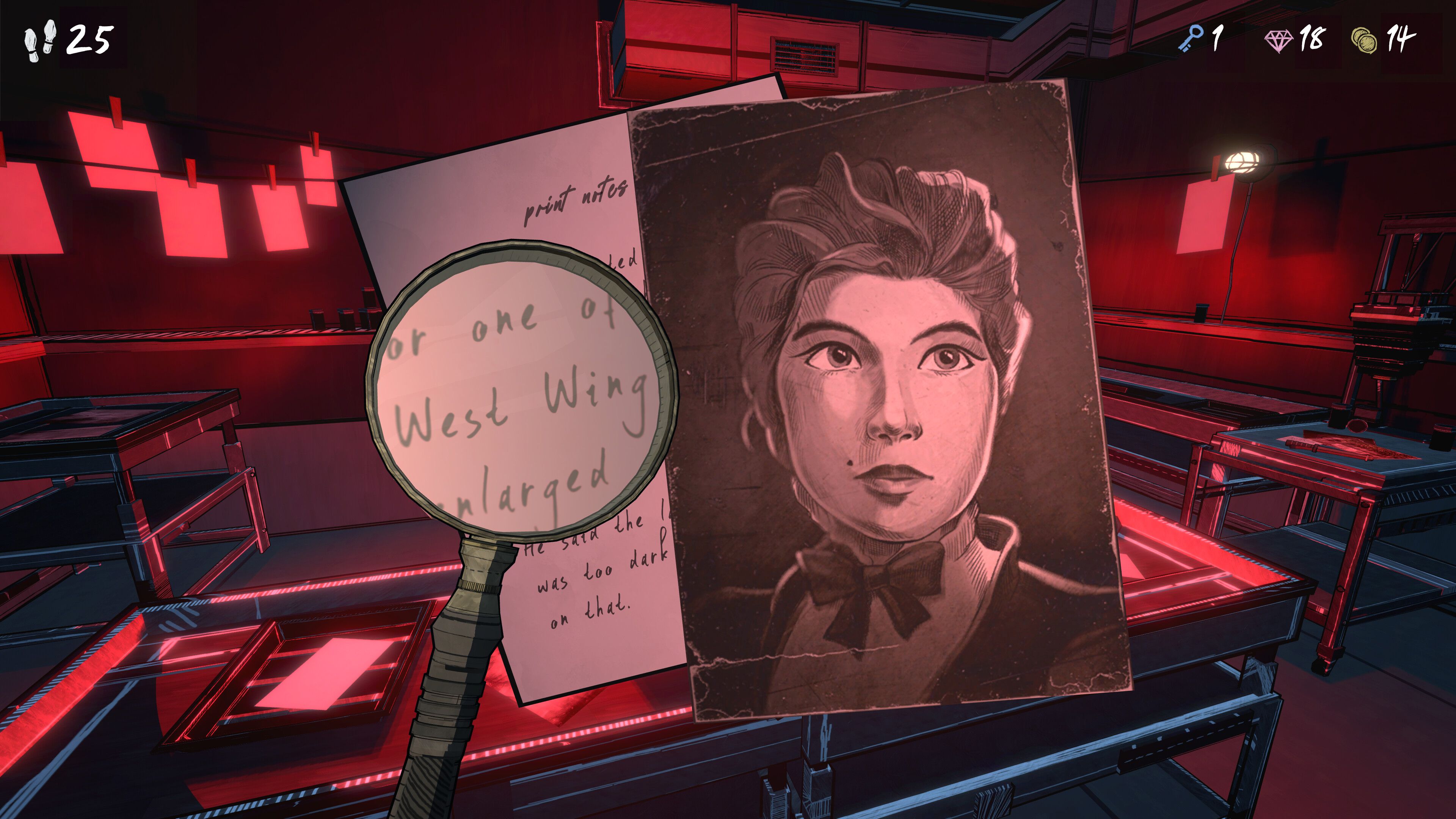 Screenshot from Blue Prince video game of maginfying glass looking at a photo of a woman for a clue