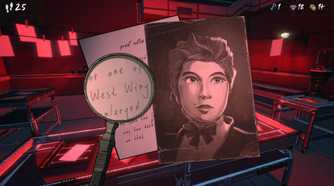 Screenshot from Blue Prince video game of maginfying glass looking at a photo of a woman for a clue