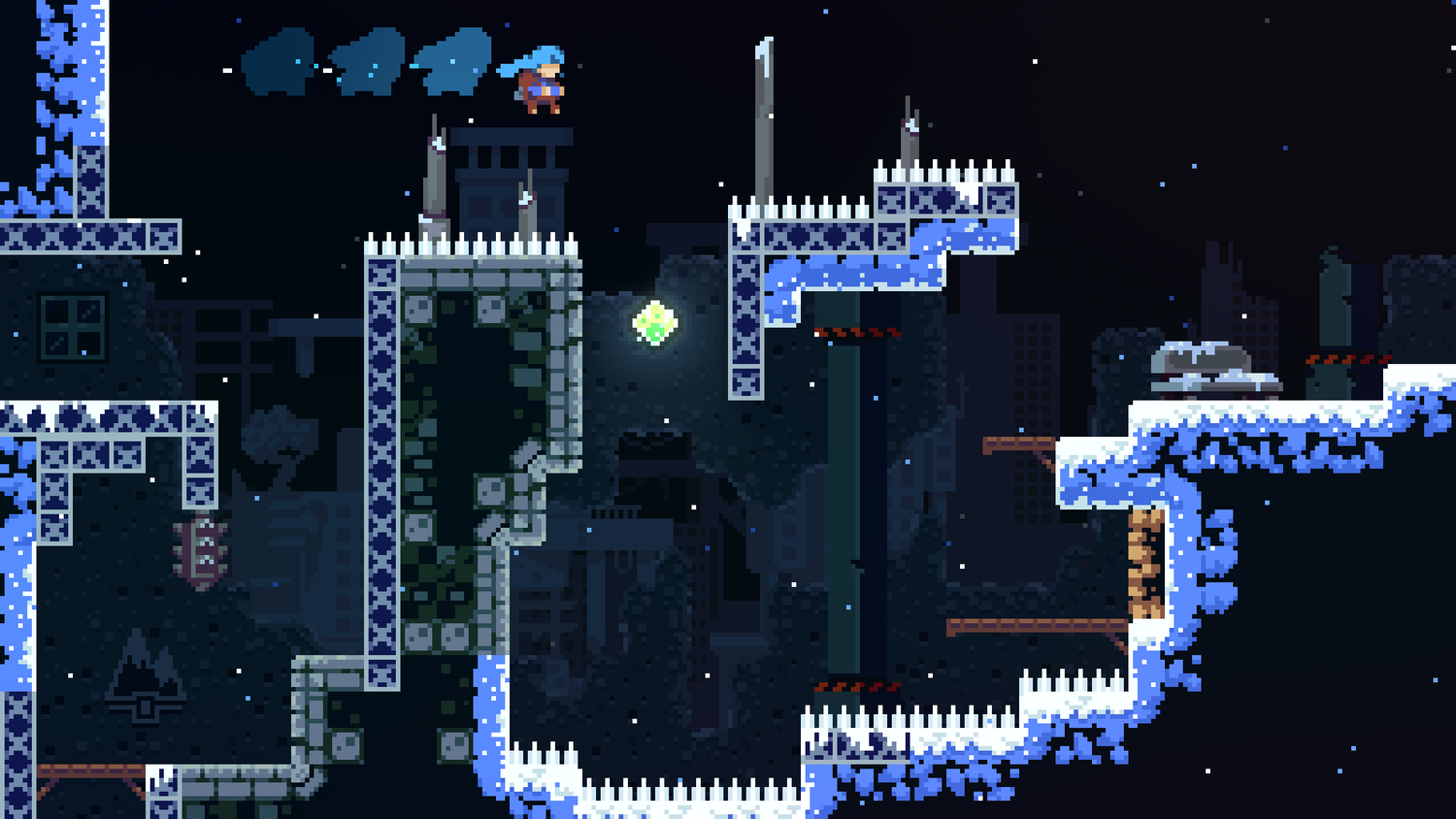celeste platforming through the icy mountain