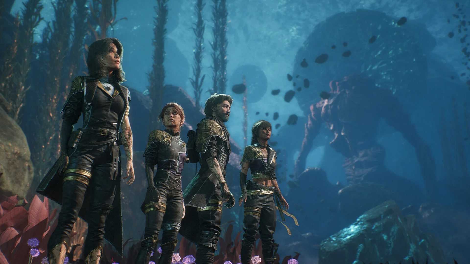 Clair Obscur Expedition 33 four starting party members in underwater dungeon