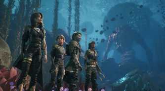 Clair Obscur Expedition 33 four starting party members in underwater dungeon