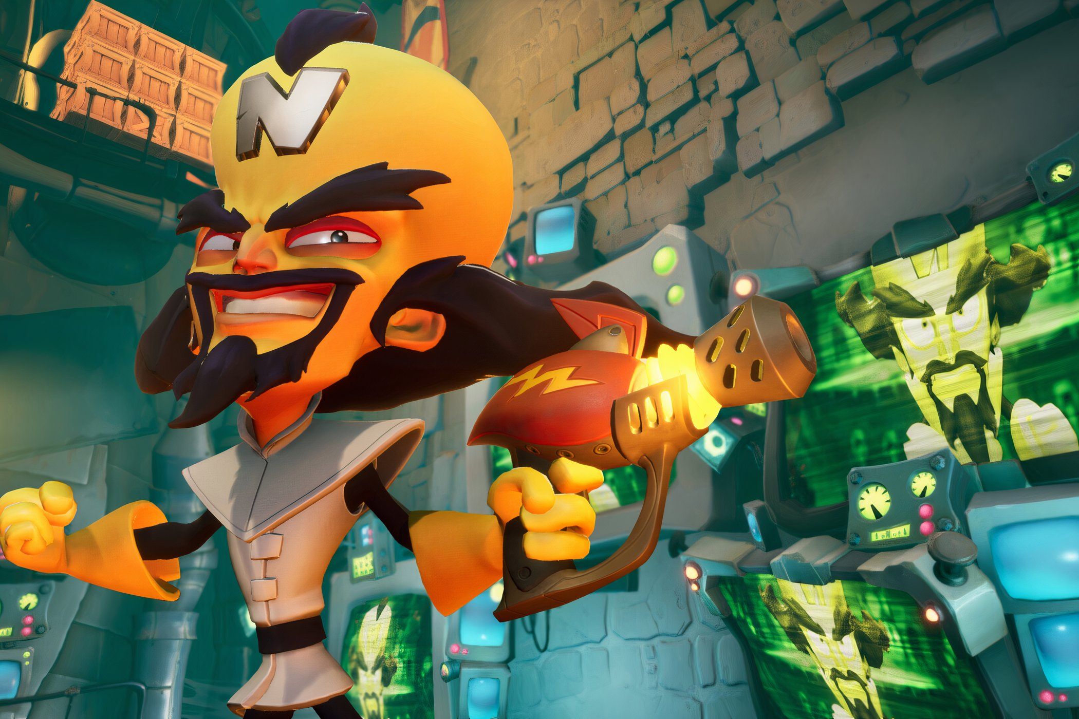 An image from the game Crash Bandicoot 4: It's About Time, showing Cortex, the game's antagonist, wielding a gun.