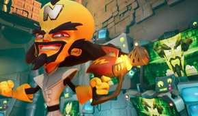 An image from the game Crash Bandicoot 4: It's About Time, showing Cortex, the game's antagonist, wielding a gun.