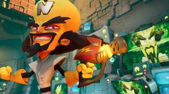 An image from the game Crash Bandicoot 4: It's About Time, showing Cortex, the game's antagonist, wielding a gun.