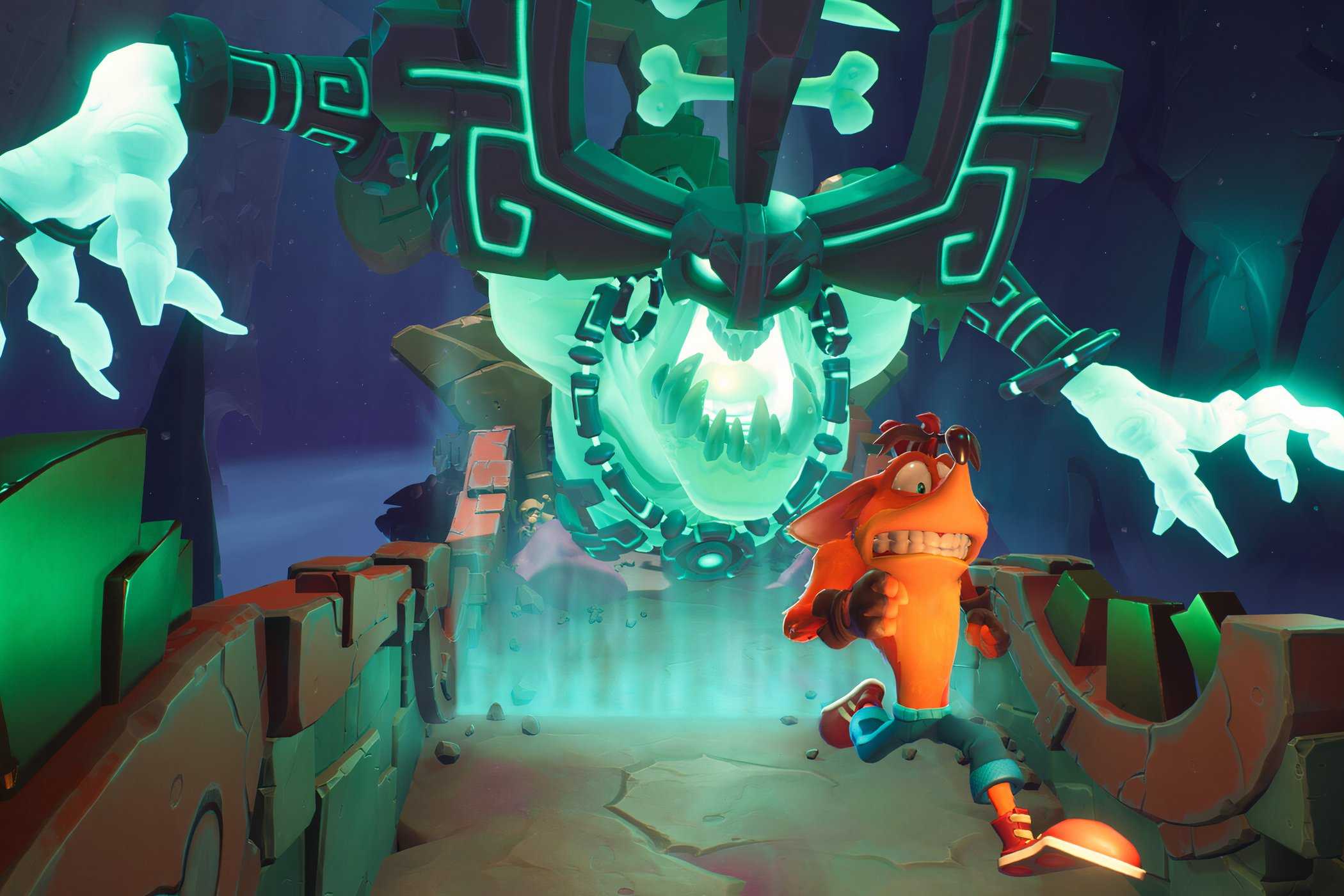 An image from the game Crash Bandicoot 4: It's About Time, showing Crash outrunning a giant spirit.