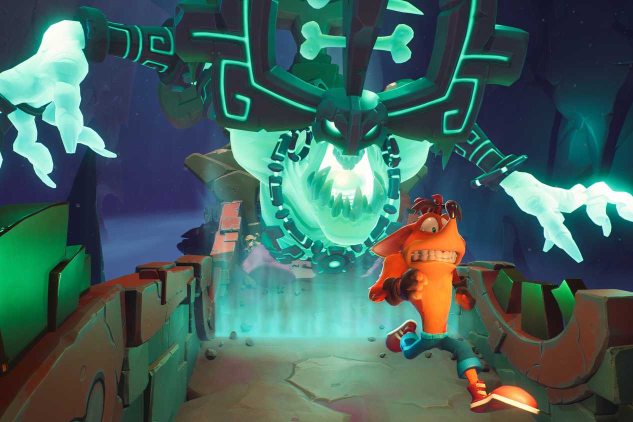 An image from the game Crash Bandicoot 4: It's About Time, showing Crash outrunning a giant spirit.