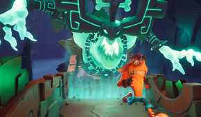 An image from the game Crash Bandicoot 4: It's About Time, showing Crash outrunning a giant spirit.