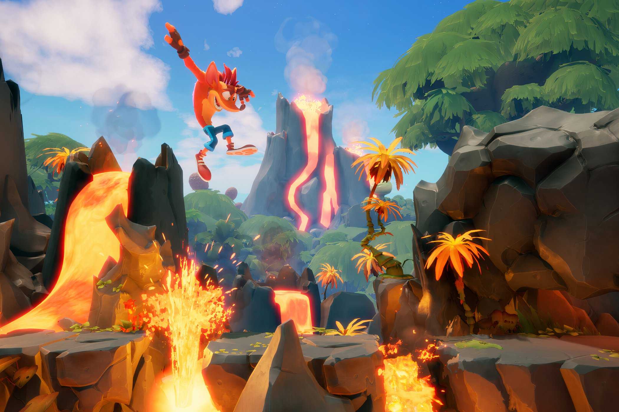 An image from the game Crash Bandicoot 4: It's About Time, showing Crash jump across multiple platforms in a magma-lava setting.