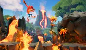 An image from the game Crash Bandicoot 4: It's About Time, showing Crash jump across multiple platforms in a magma-lava setting.