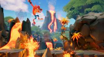 An image from the game Crash Bandicoot 4: It's About Time, showing Crash jump across multiple platforms in a magma-lava setting.