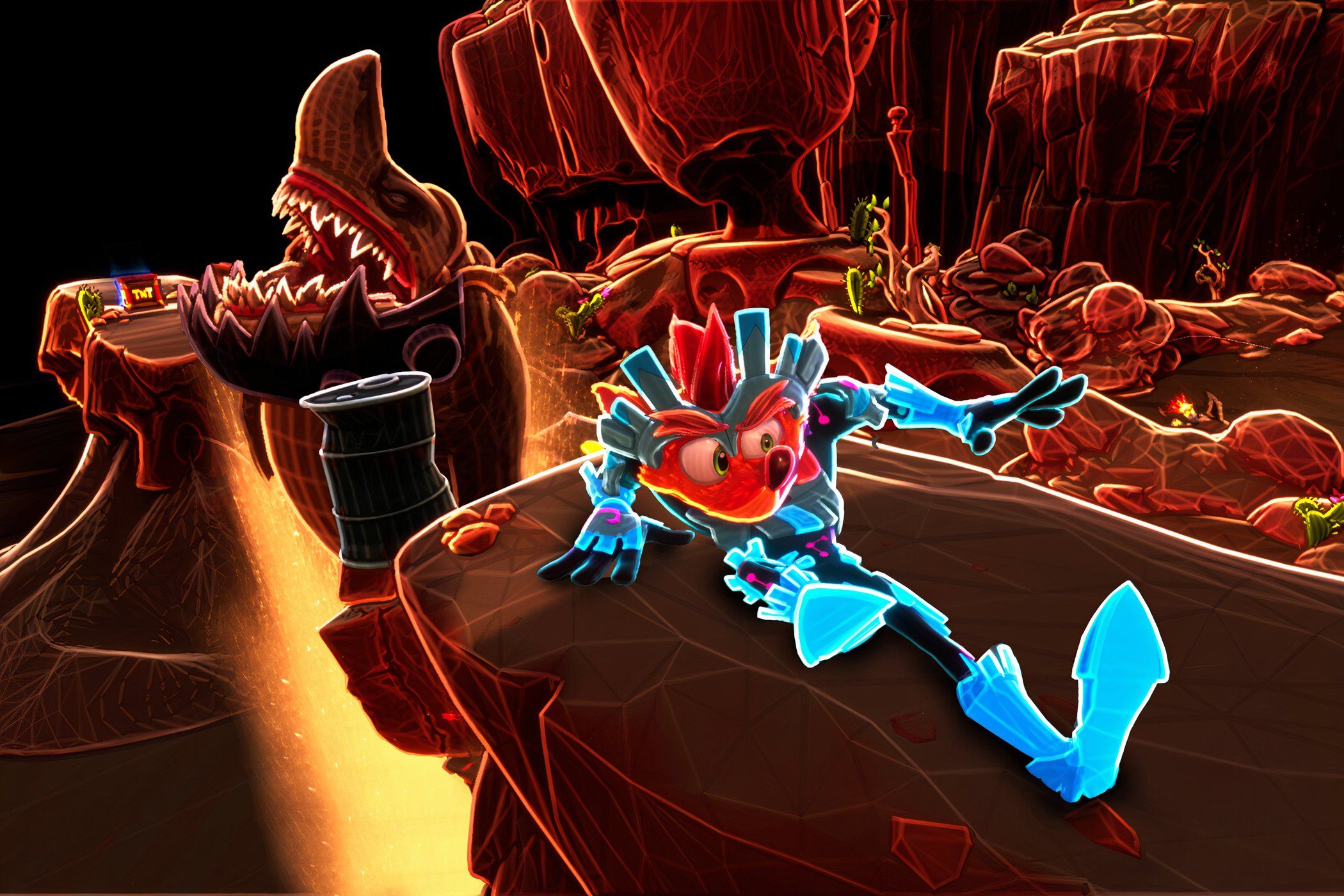 An image from the game Crash Bandicoot 4: It's About Time, showing Crash sliding across a platform.