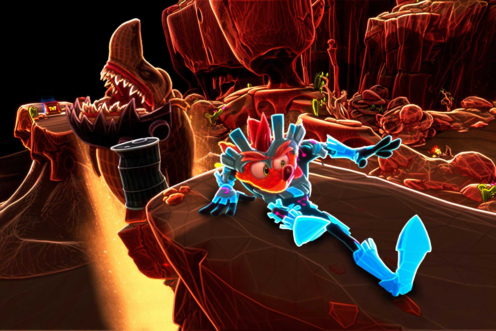 An image from the game Crash Bandicoot 4: It's About Time, showing Crash sliding across a platform.