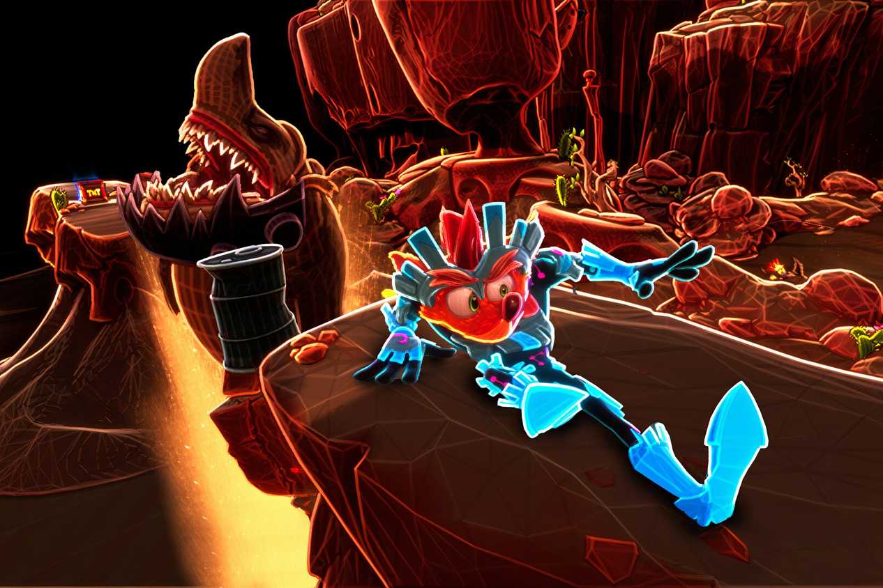 An image from the game Crash Bandicoot 4: It's About Time, showing Crash sliding across a platform.