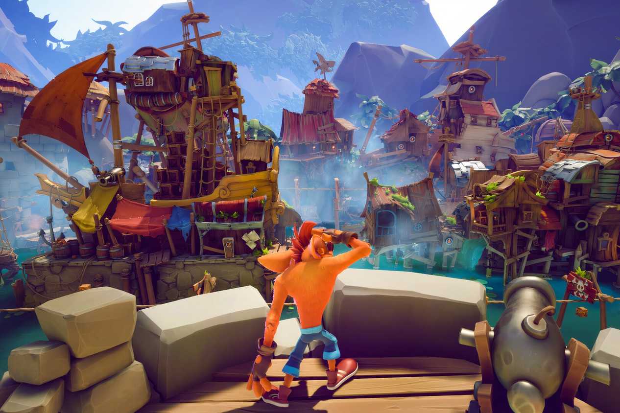 An image from the game Crash Bandicoot 4: It's About Time, showing Crash look at a huge pirate cove.