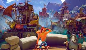 An image from the game Crash Bandicoot 4: It's About Time, showing Crash look at a huge pirate cove.