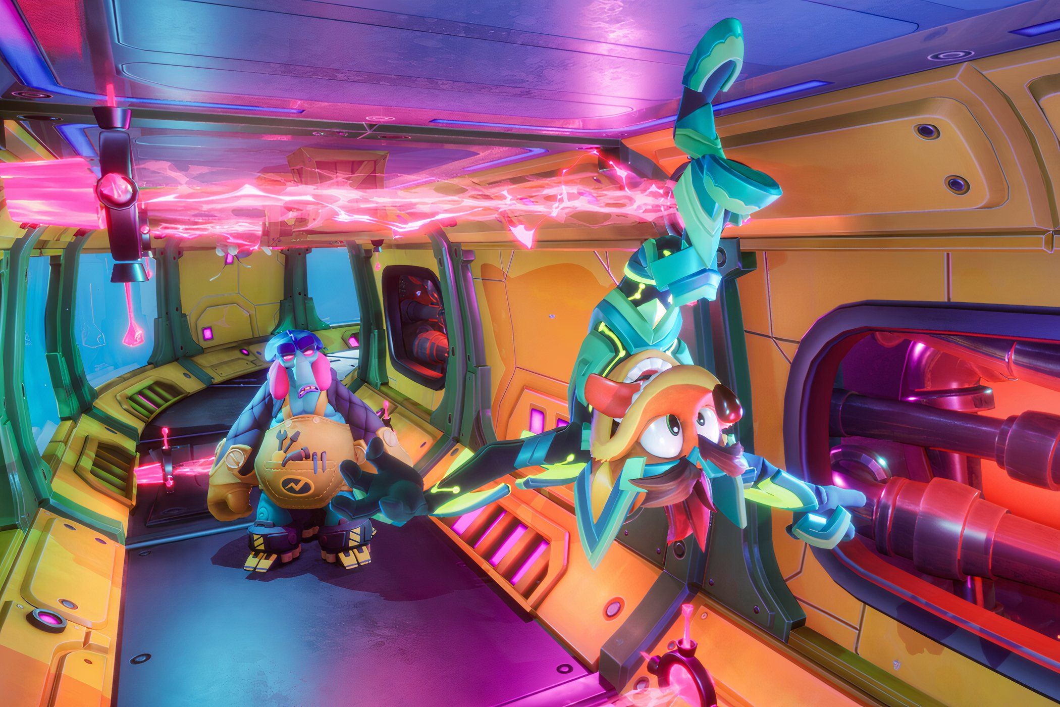An image from the game Crash Bandicoot 4: It's About Time, showing Crash walking upside down in a corridor.