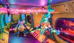 An image from the game Crash Bandicoot 4: It's About Time, showing Crash walking upside down in a corridor.