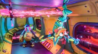 An image from the game Crash Bandicoot 4: It's About Time, showing Crash walking upside down in a corridor.