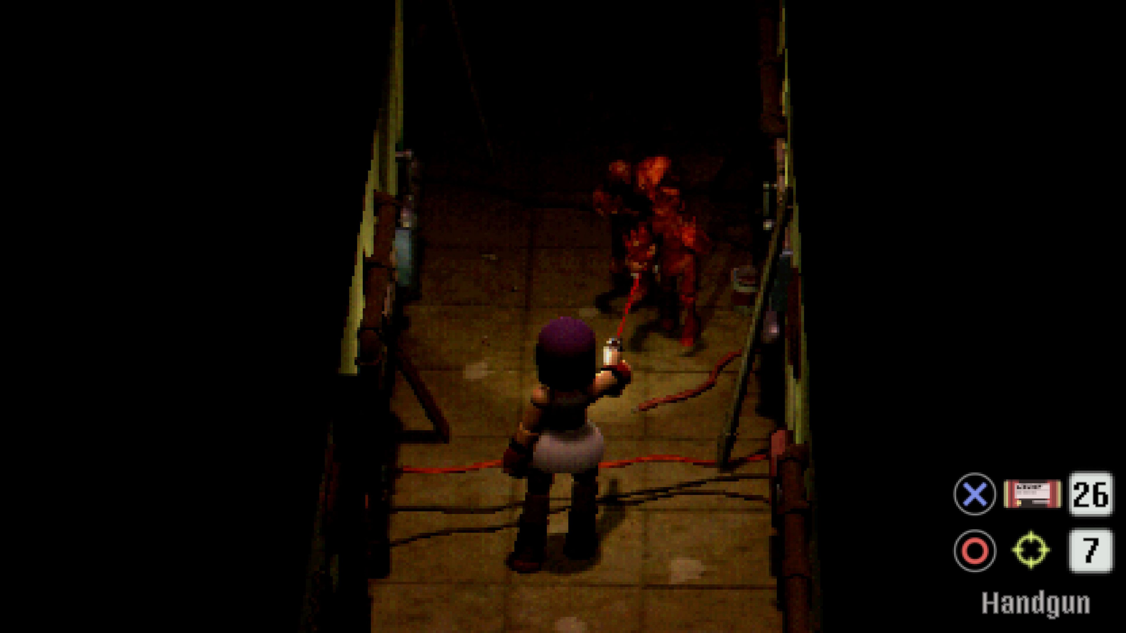Screenshot from Crow Country video game of player attacking monster.