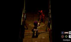 Screenshot from Crow Country video game of player attacking monster.