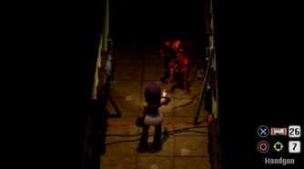 Screenshot from Crow Country video game of player attacking monster.