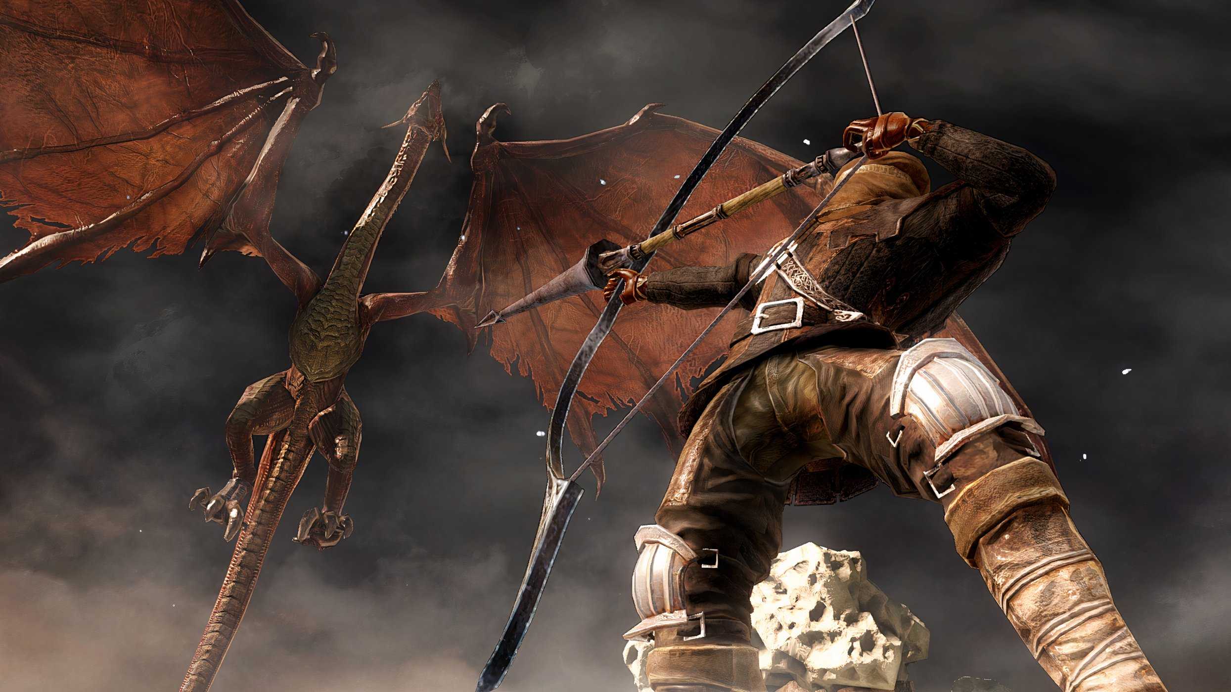 An image from Dark Souls 2, showing a character aiming a great bow at a flying overhead dragon.