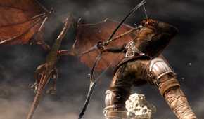 An image from Dark Souls 2, showing a character aiming a great bow at a flying overhead dragon.