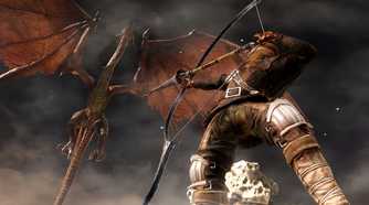 An image from Dark Souls 2, showing a character aiming a great bow at a flying overhead dragon.