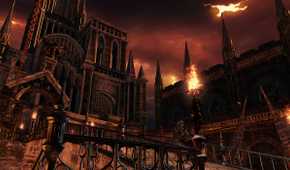 An image from Dark Souls 2, showing a huge castle under a fiery red sky.