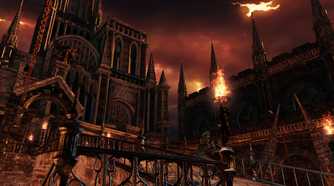 An image from Dark Souls 2, showing a huge castle under a fiery red sky.
