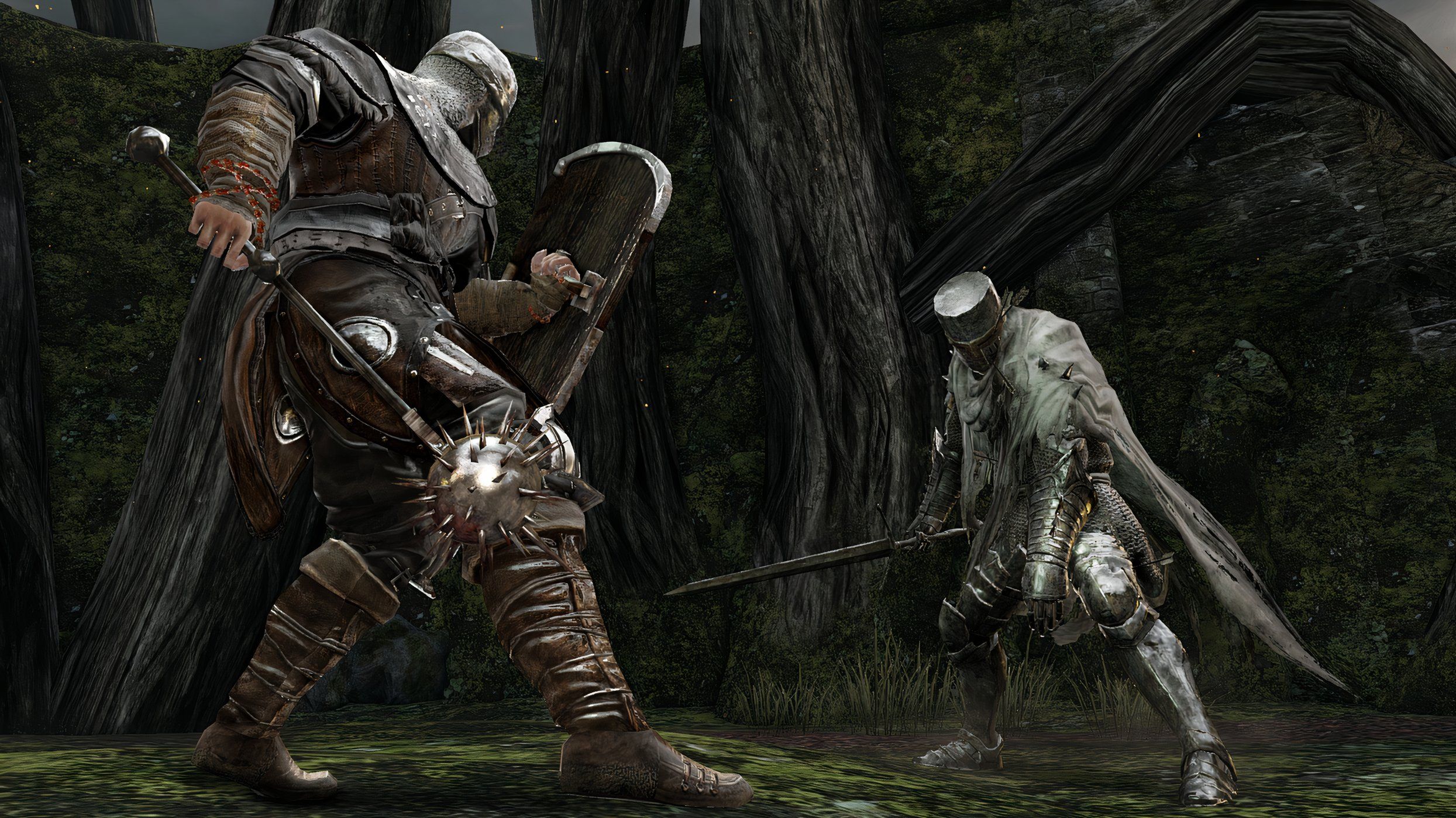 An image from Dark Souls 2, showing two knights duelling.