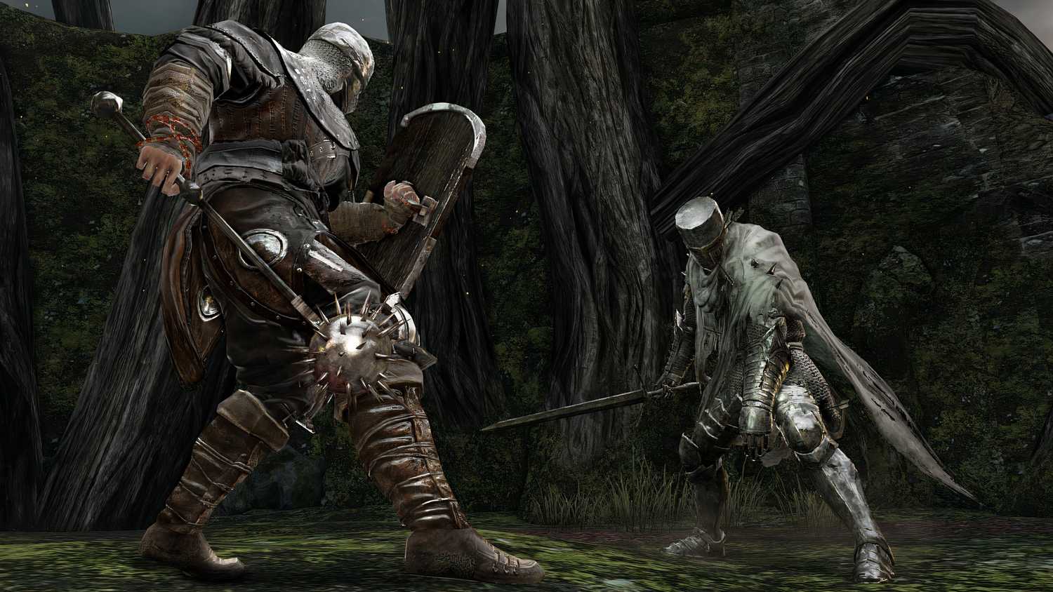 An image from Dark Souls 2, showing two knights duelling.
