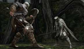 An image from Dark Souls 2, showing two knights duelling.