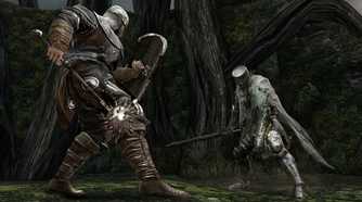 An image from Dark Souls 2, showing two knights duelling.