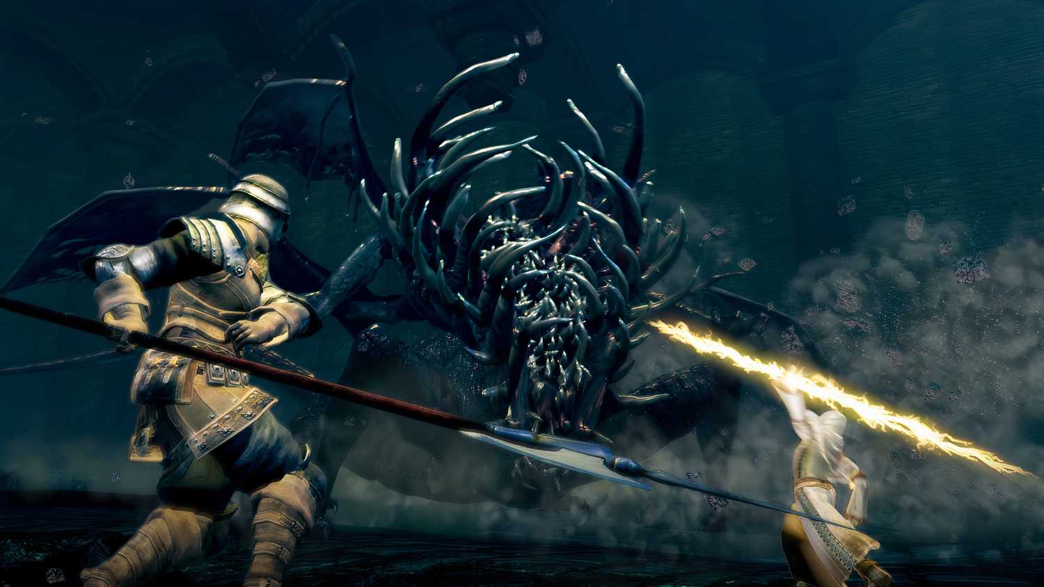 An image from the game Dark Souls, showing two players fighting a boss.