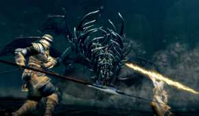 An image from the game Dark Souls, showing two players fighting a boss.