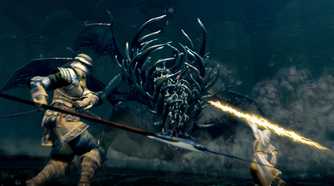 An image from the game Dark Souls, showing two players fighting a boss.